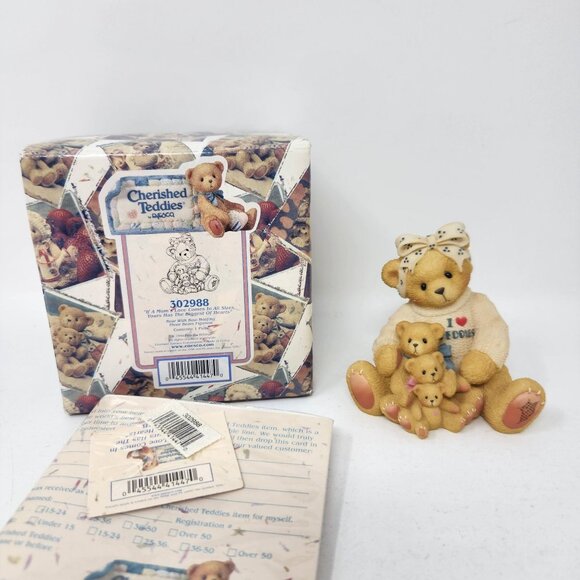 1998 Cherished Teddies 302988 Bear with Bow Holding Three Bears Figurine "If a M - Picture 1 of 12